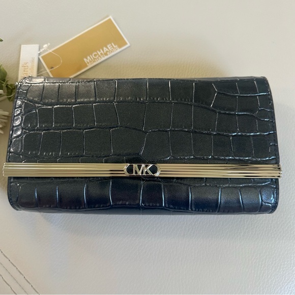 NWT Michael Michael Kors Croco Embossed Silver Hardware Mona Large E/W Clutch - Picture 6 of 16